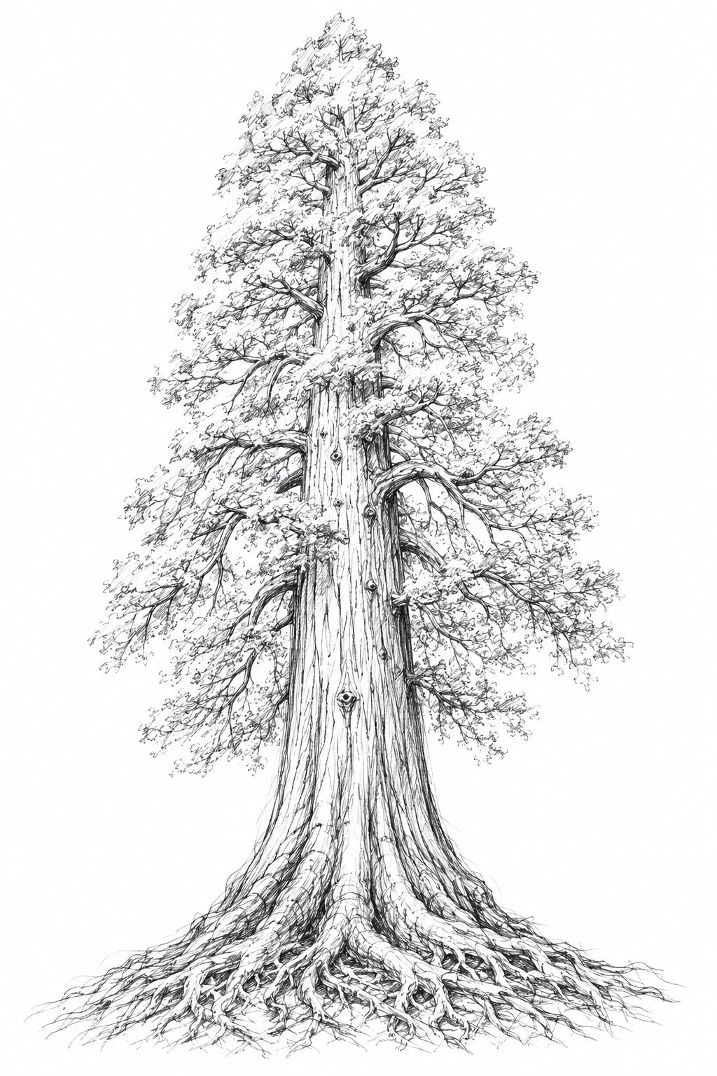 A black-and-white sequoia sketch: roots represent access, trunk structure, branches questions, needles content, ecosystem reputation, and cones outcomes.